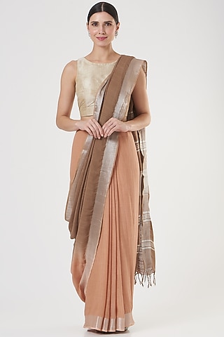 Peach & Brown Handwoven Linen Saree by Parijat