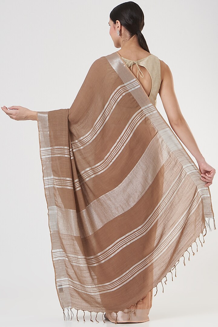 Peach & Brown Handwoven Linen Saree by Parijat at Pernia's Pop Up Shop