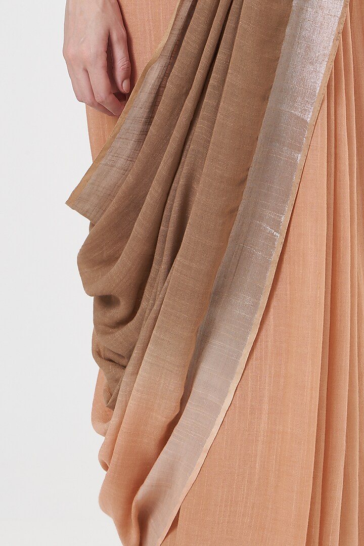 Peach & Brown Handwoven Linen Saree by Parijat at Pernia's Pop Up Shop