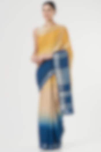 Yellow & Blue Ombre Handwoven Linen Saree by Parijat