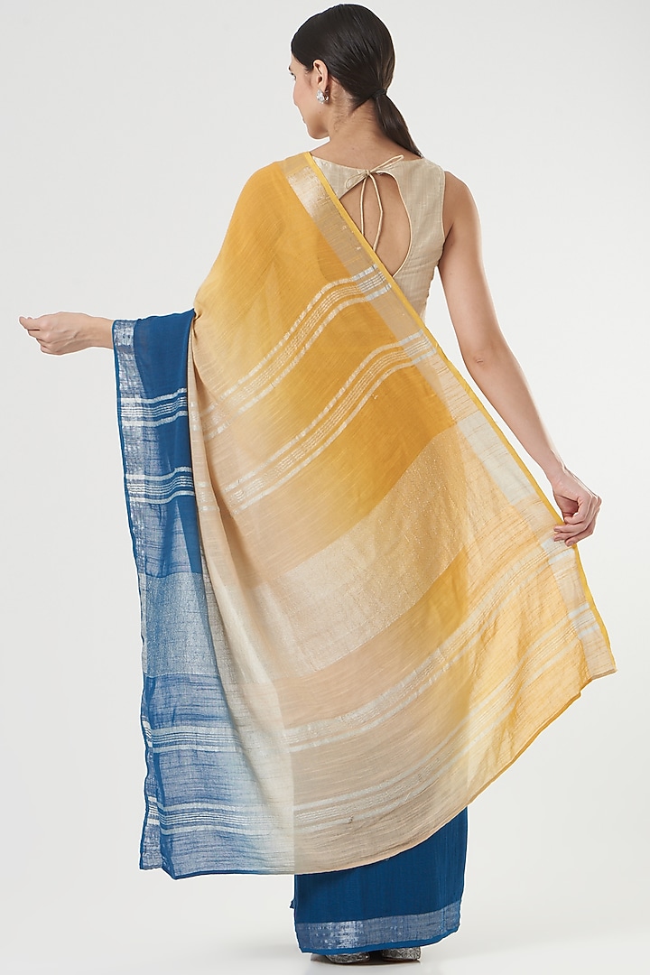 Yellow & Blue Ombre Handwoven Linen Saree by Parijat at Pernia's Pop Up Shop