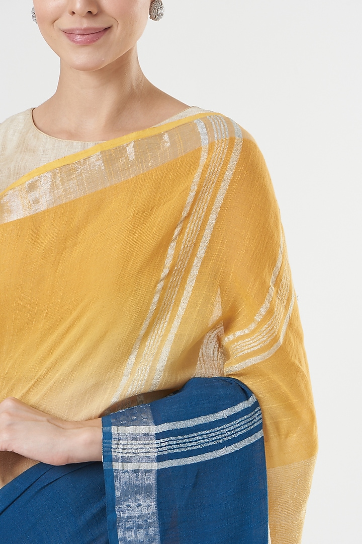Yellow & Blue Ombre Handwoven Linen Saree by Parijat at Pernia's Pop Up Shop