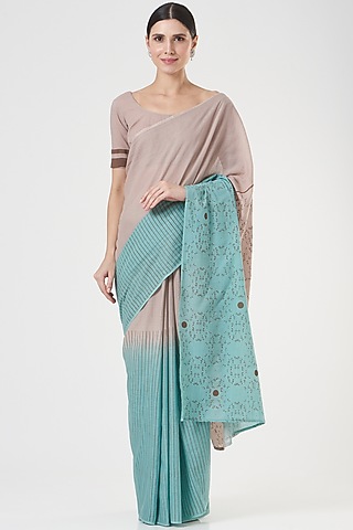 Blush Pink & Blue Printed Saree by Parijat