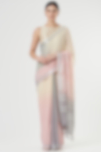 Grey & Pink Ombre Handwoven Linen Saree by Parijat at Pernia's Pop Up Shop