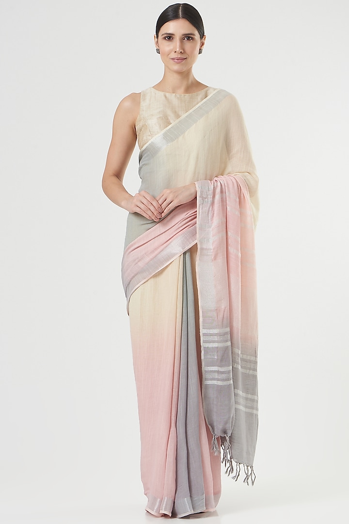 Grey & Pink Ombre Handwoven Linen Saree by Parijat