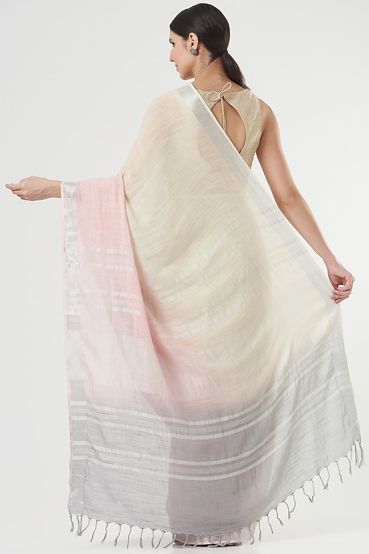 Grey & Pink Ombre Handwoven Linen Saree by Parijat at Pernia's Pop Up Shop