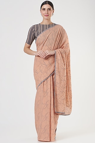 Peach & Grey Printed Saree by Parijat