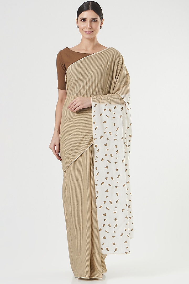 Beige & White Printed Saree by Parijat at Pernia's Pop Up Shop