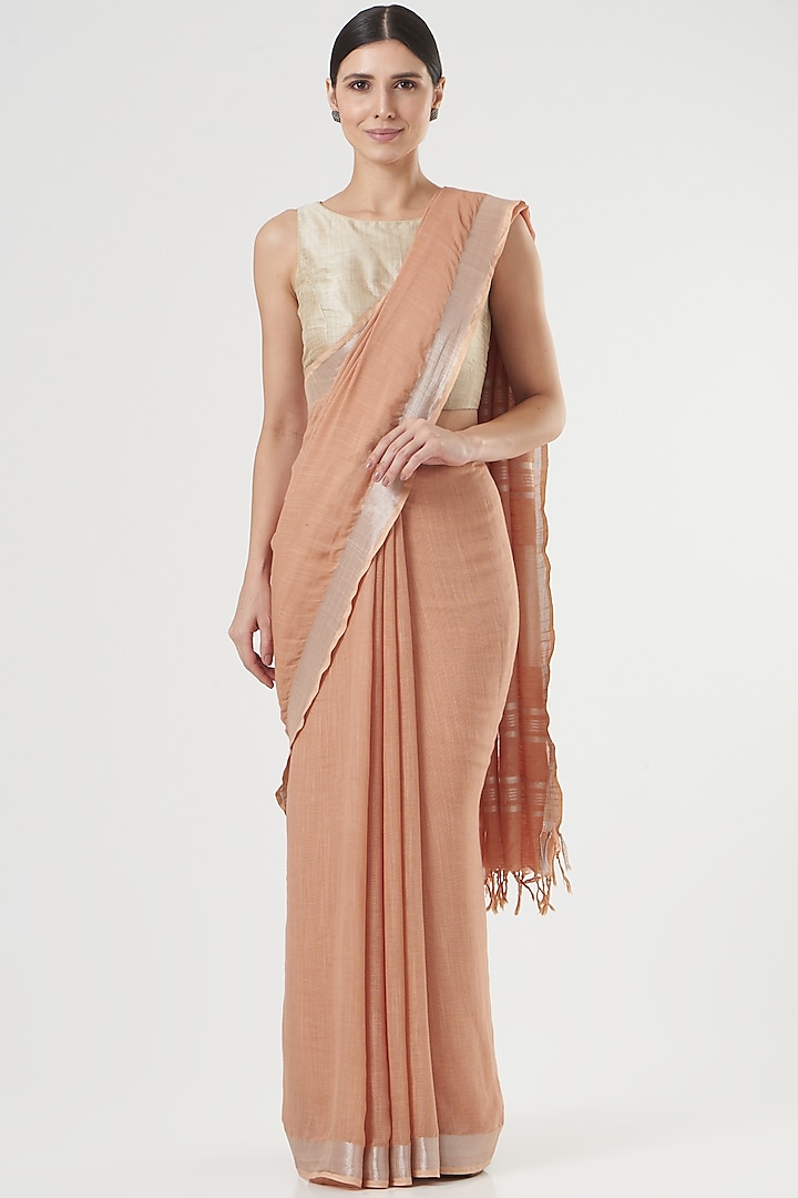 Peach Handwoven Linen Saree by Parijat