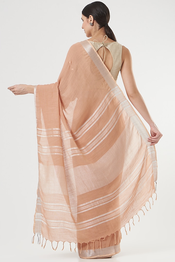 Peach Handwoven Linen Saree by Parijat at Pernia's Pop Up Shop