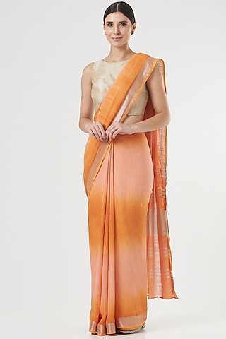 Peach & Orange Ombre Handwoven Linen Saree by Parijat
