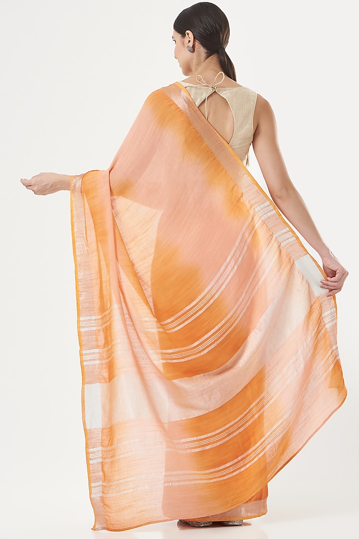 Peach & Orange Ombre Handwoven Linen Saree by Parijat at Pernia's Pop Up Shop