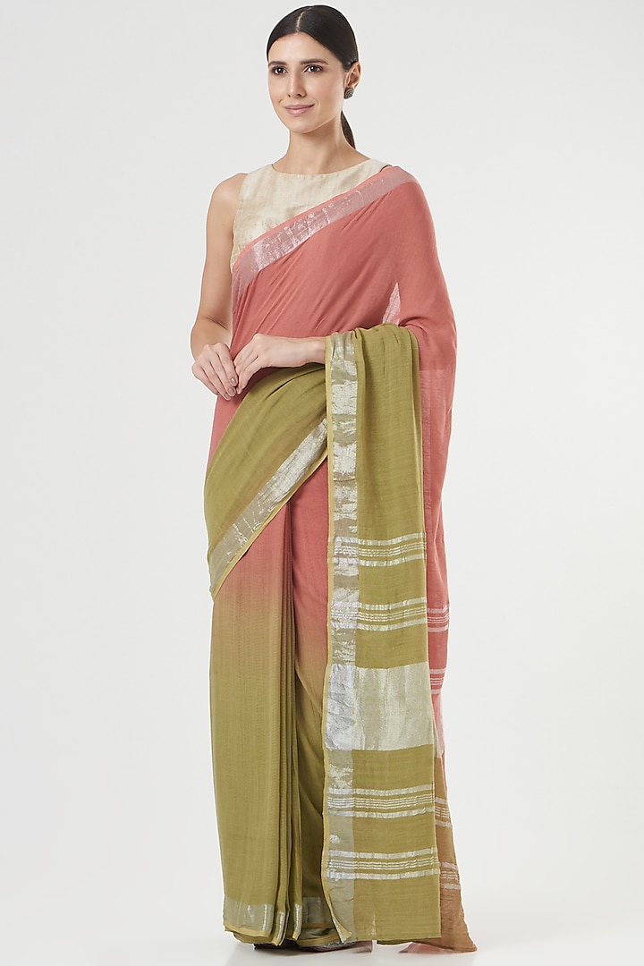 Rose Pink & Olive Green Ombre Handwoven Saree by Parijat