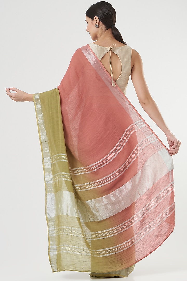 Rose Pink & Olive Green Ombre Handwoven Saree by Parijat at Pernia's Pop Up Shop