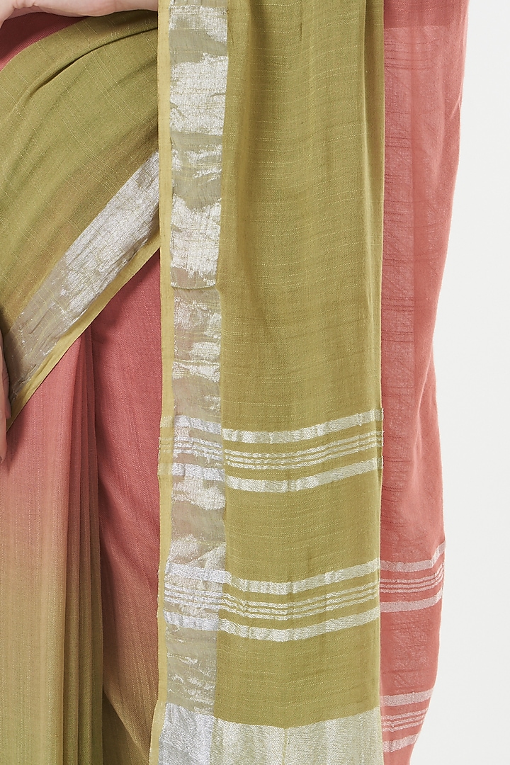 Rose Pink & Olive Green Ombre Handwoven Saree by Parijat at Pernia's Pop Up Shop
