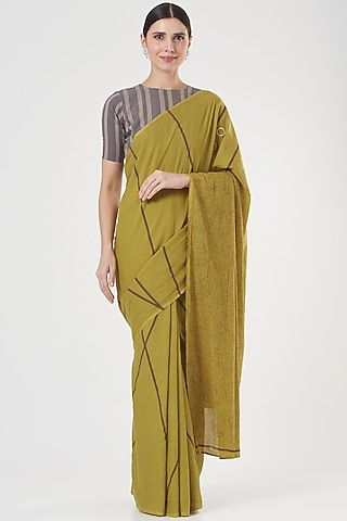 Olive Green Printed Saree by Parijat