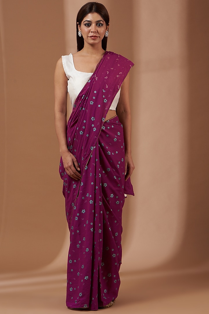 Wine Hand Block Printed Saree Set by Parijat