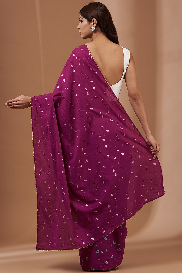 Wine Hand Block Printed Festive Saree Set by Parijat at Pernia's Pop Up Shop
