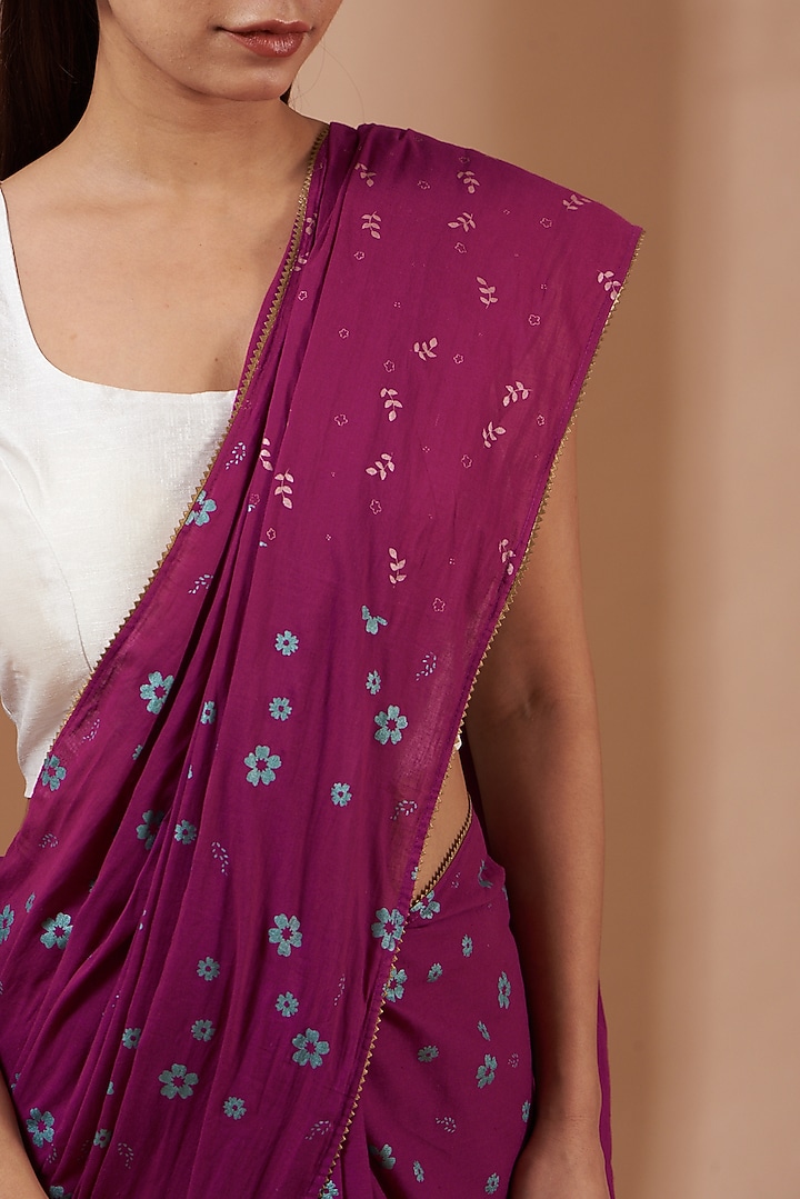 Wine Hand Block Printed Festive Saree Set by Parijat at Pernia's Pop Up Shop