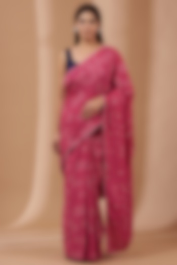 Pink Hand Block Printed Saree Set by Parijat