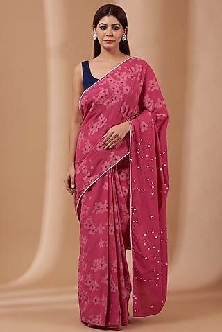 Pink Hand Block Printed Saree Set by Parijat