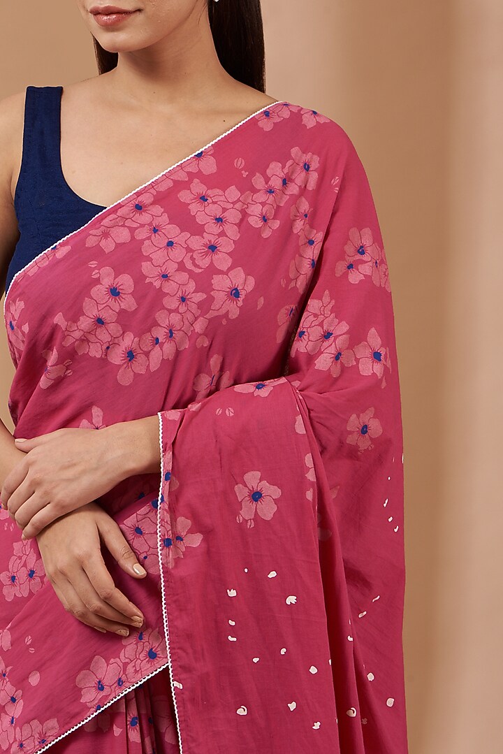 Pink Hand Block Printed Festive Saree Set by Parijat at Pernia's Pop Up Shop