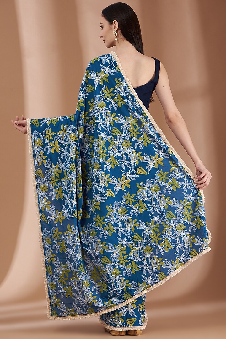 Cobalt Blue Cotton Mulmul Hand Block Printed Festive Saree Set by Parijat at Pernia's Pop Up Shop