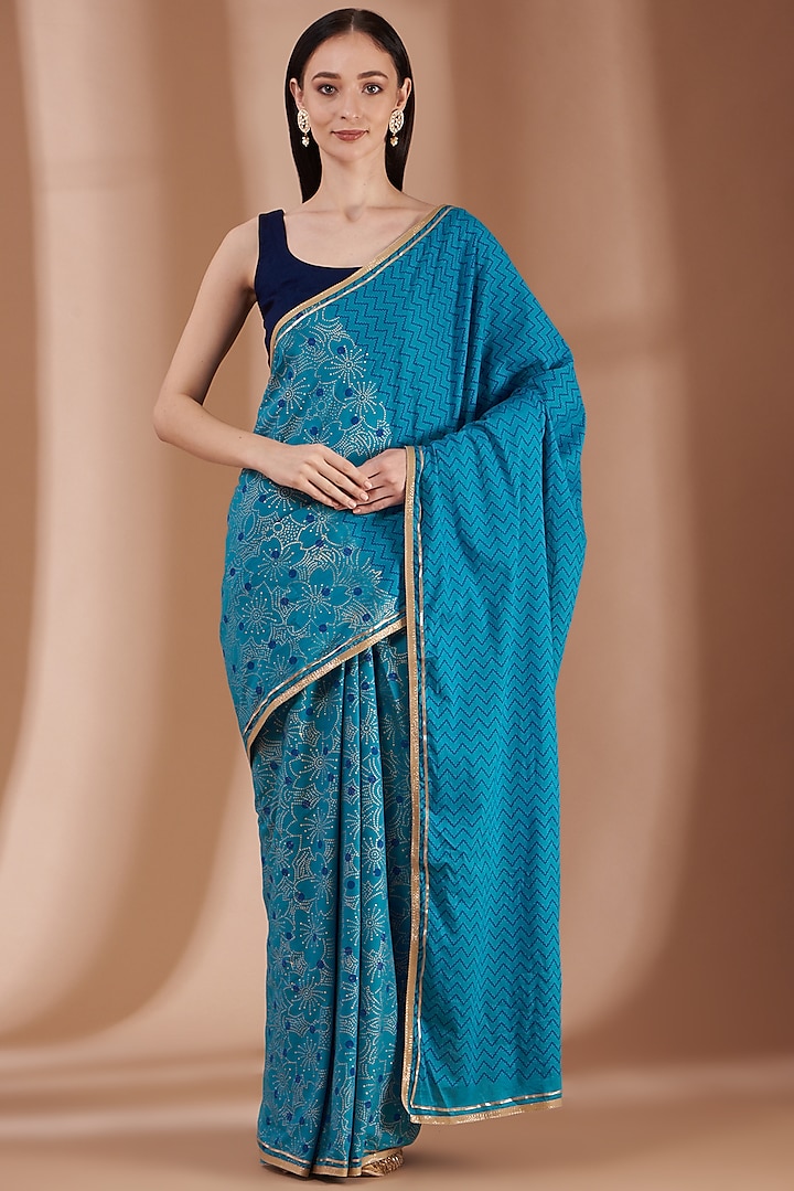 Sky Blue Cotton mulmul Hand Block Printed Saree Set by Parijat