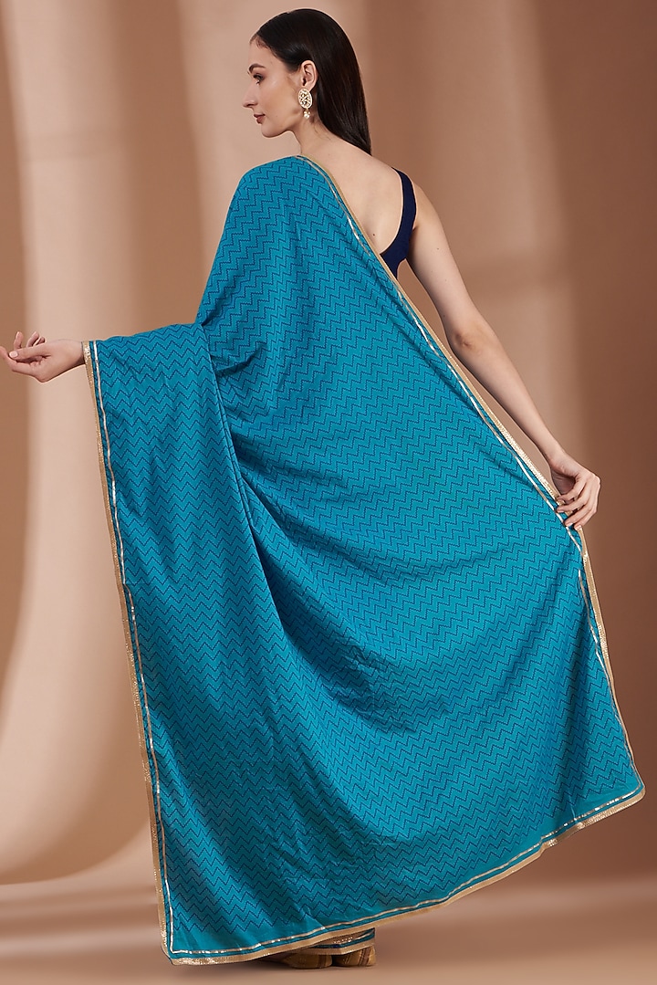Sky Blue Cotton mulmul Hand Block Printed Festive Saree Set by Parijat at Pernia's Pop Up Shop