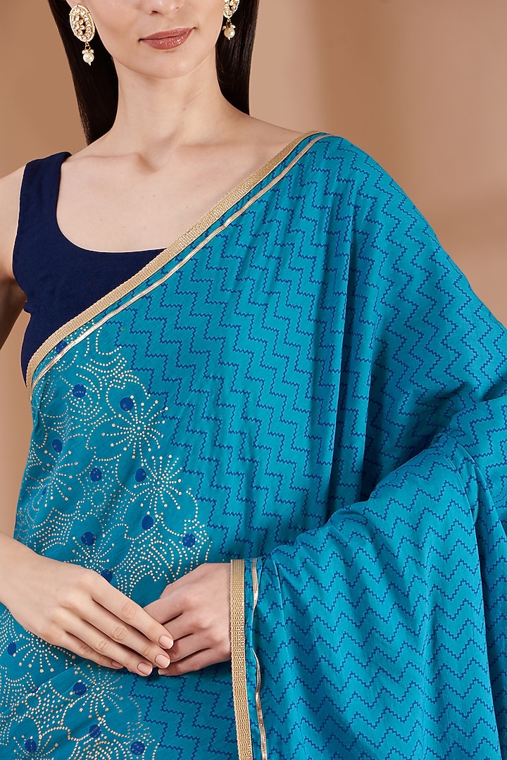 Sky Blue Cotton mulmul Hand Block Printed Festive Saree Set by Parijat at Pernia's Pop Up Shop