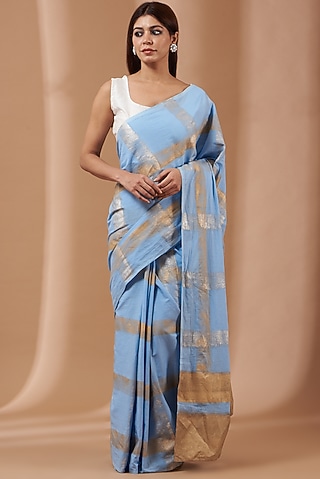 Sky Blue Cotton mulmul Hand Block Printed Saree Set by Parijat
