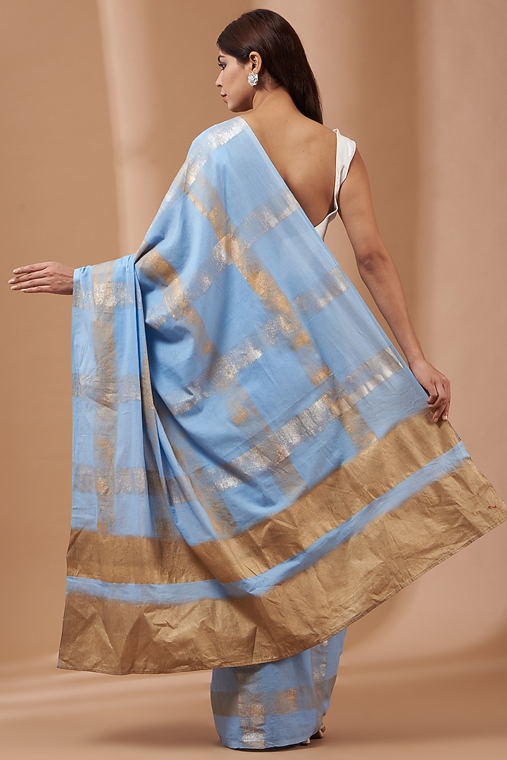 Sky Blue Cotton mulmul Hand Block Printed Festive Saree Set by Parijat at Pernia's Pop Up Shop