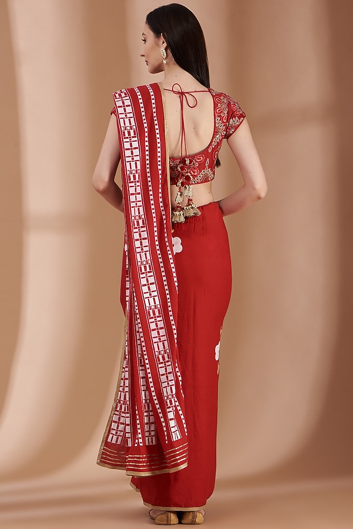 Red Hand Block Printed Festive Saree Set by Parijat at Pernia's Pop Up Shop