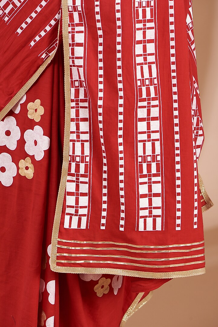 Red Hand Block Printed Festive Saree Set by Parijat at Pernia's Pop Up Shop