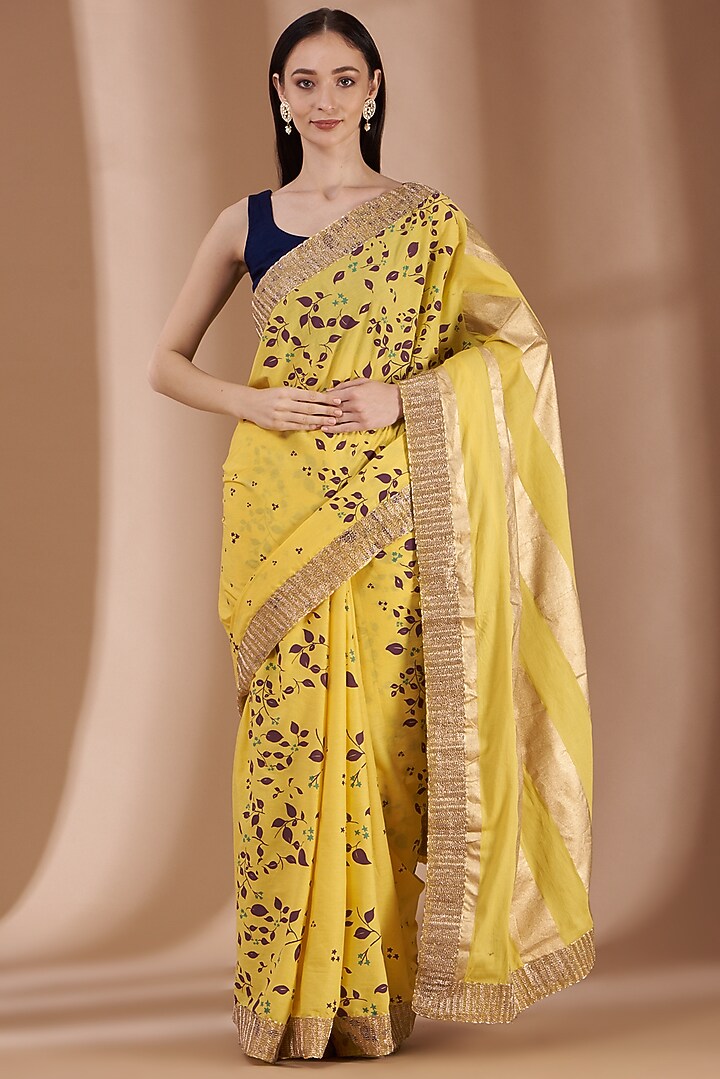 Yellow Hand Block Printed Festive Saree Set by Parijat at Pernia's Pop Up Shop