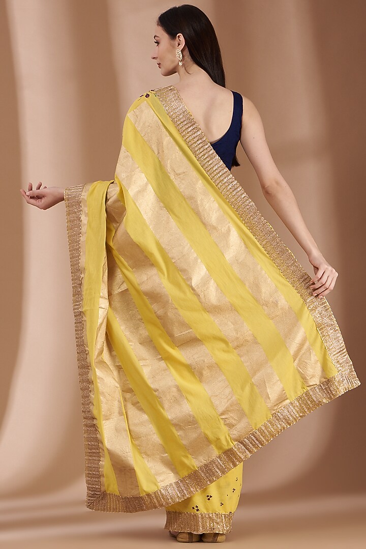 Yellow Hand Block Printed Festive Saree Set by Parijat at Pernia's Pop Up Shop