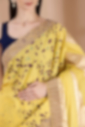 Yellow Hand Block Printed Saree Set by Parijat