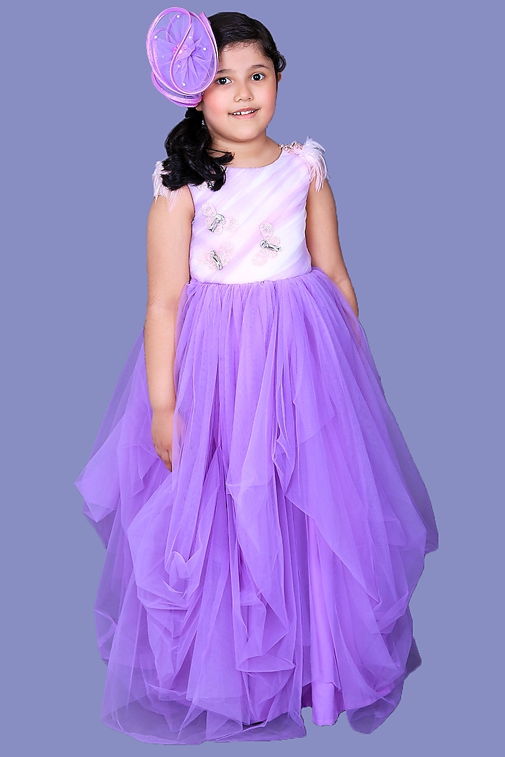 Lavender Net Embroidered Gown For Girls by Pink Cow