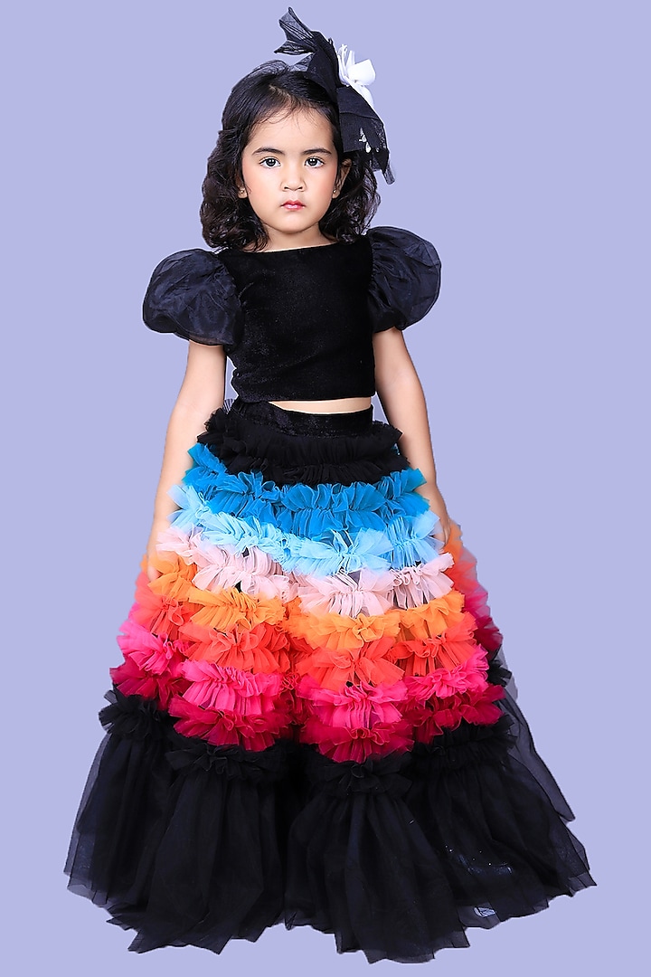 Black Lehenga Set With Multi-Colored Frills For Girls by Pink Cow
