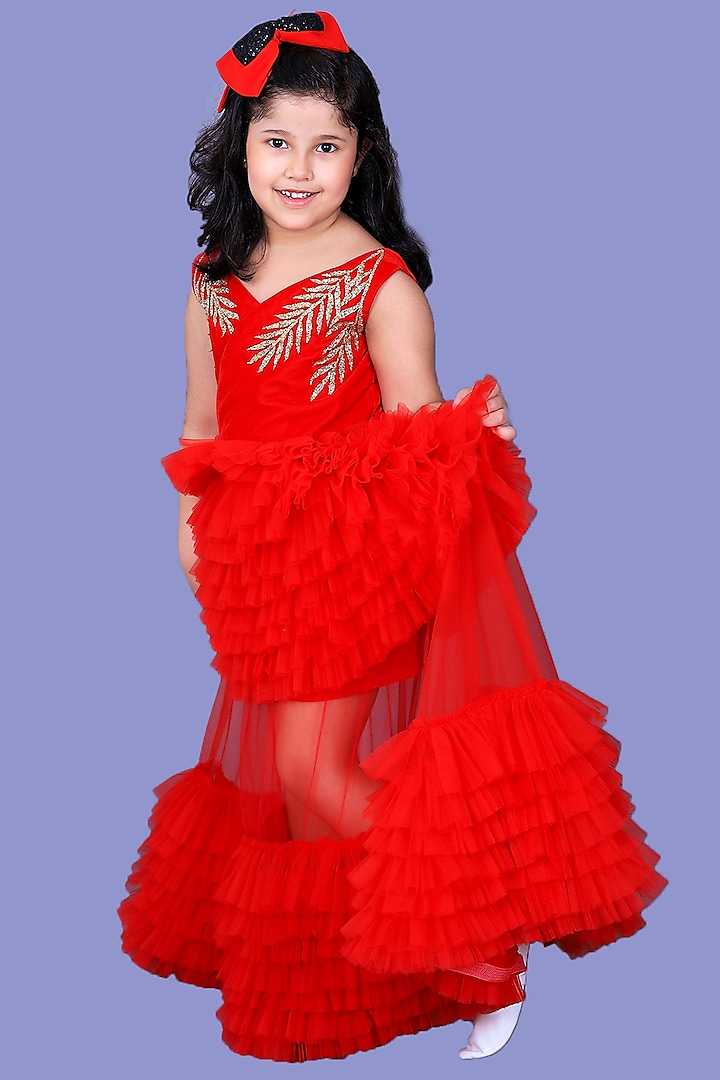 Cadmium Red Embroidered Gown For Girls by Pink Cow
