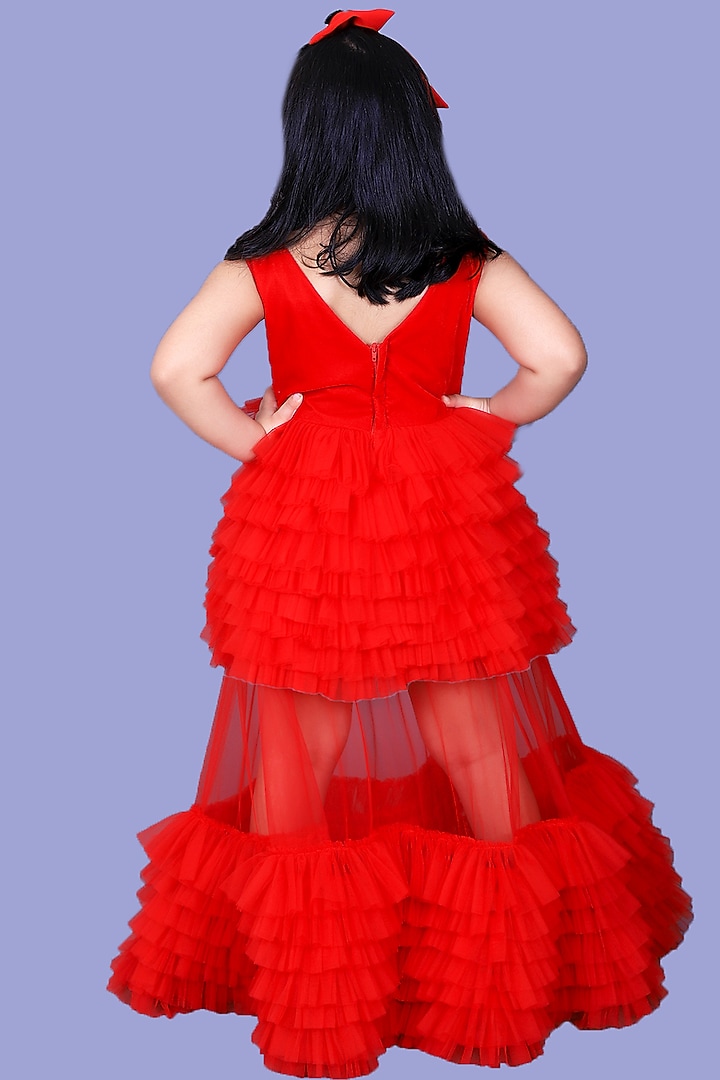 Cadmium Red Embroidered Gown For Girls by Pink Cow at Pernia's Pop Up Shop