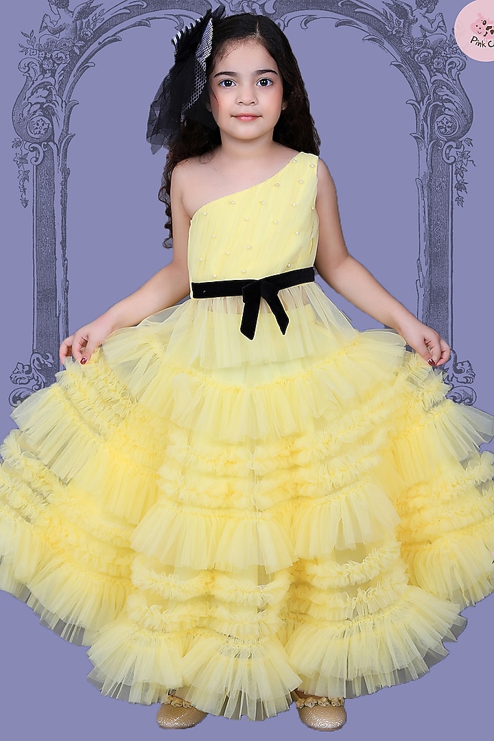 Yellow Embellished Skirt Set For Girls by Pink Cow at Pernia's Pop Up Shop