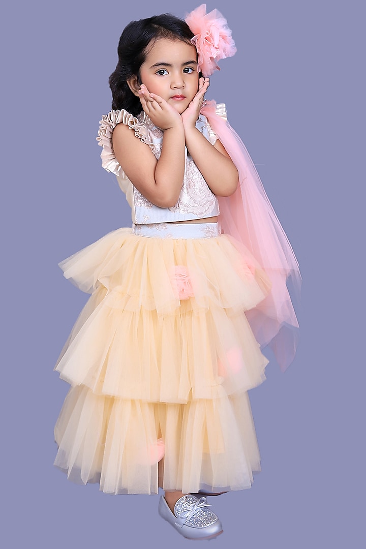 Peach & White Frilled Lehenga Set For Girls by Pink Cow
