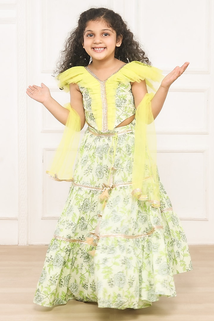 Green Cotton Printed & Lace Embellished Lehenga Set For Girls by Pink Cow at Pernia's Pop Up Shop