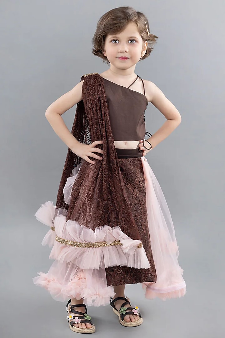 Peach Taffeta Silk & Net Frilled Lehenga Set For Girls by Pink Cow at Pernia's Pop Up Shop