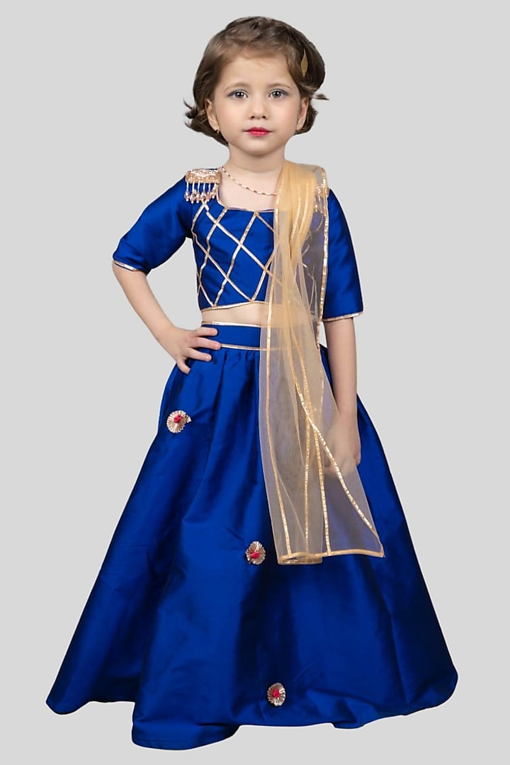 Royal Blue Taffeta Embellished Lehenga Set For Girls by Pink Cow at Pernia's Pop Up Shop