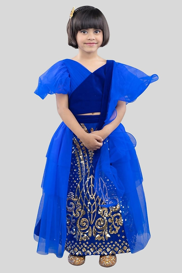 Royal Blue Net Embroidered Layered Lehenga Set For Girls by Pink Cow at Pernia's Pop Up Shop