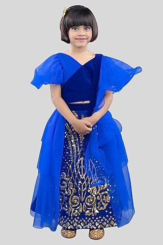 Royal Blue Net Embroidered Layered Lehenga Set For Girls by Pink Cow