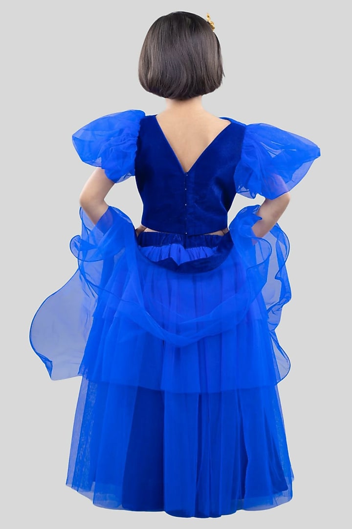 Royal Blue Net Embroidered Layered Lehenga Set For Girls by Pink Cow at Pernia's Pop Up Shop