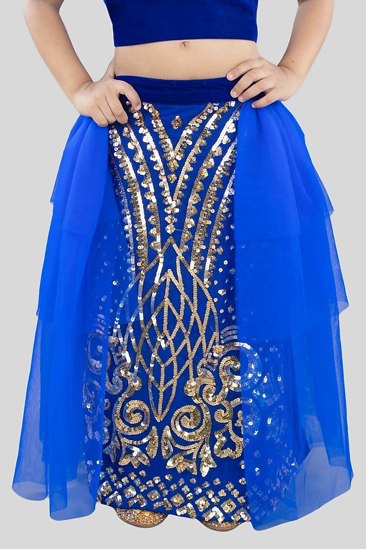 Royal Blue Net Embroidered Layered Lehenga Set For Girls by Pink Cow at Pernia's Pop Up Shop